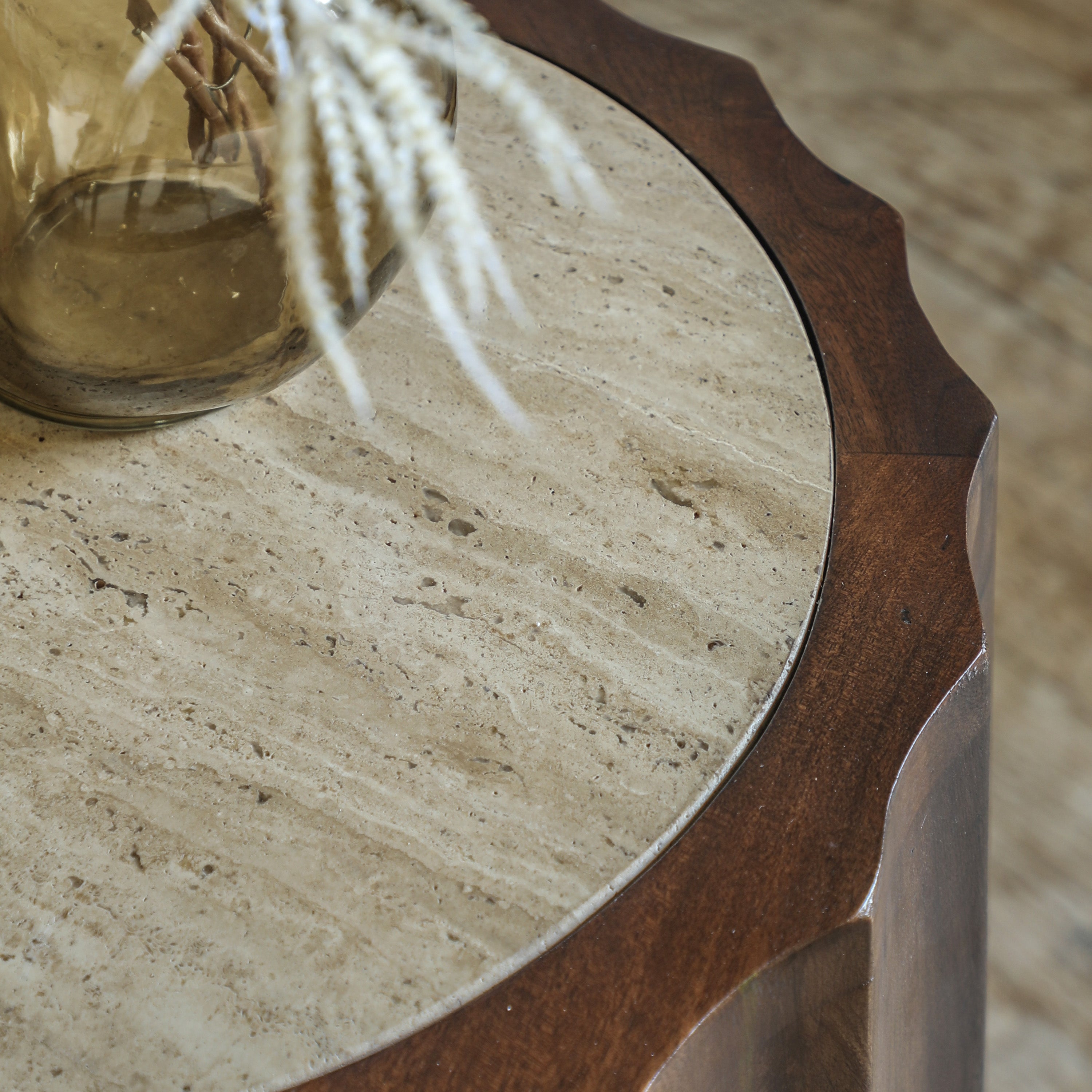 Milena Brown Mango Wood & Travertine Round Side Table